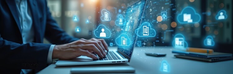 Business person working on laptop with digital icons of documents, clouds, files during work. Digital marketing data concept. Online cloud storage, data transfer, cloud computing, networking,