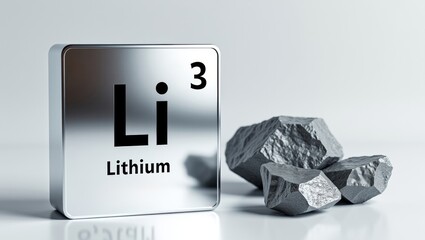 Sleek metallic lithium periodic table element tile with raw lithium ore rocks on clean white surface