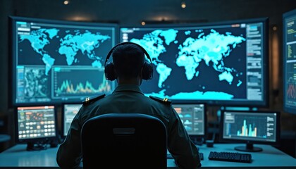 Military officer monitors global security via computer. Surveillance expert controls cyber security, army communication, intelligence. Focus on national defense, modern warfare.