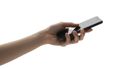 Hand holding smartphone mobile phone device technology communication black background close up isolated on transparent background