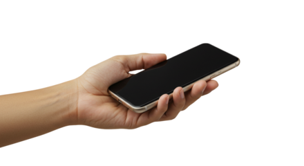 Stock photo of hand holding phone mobile device smartphone cellphone touchscreen technology display isolated on transparent background