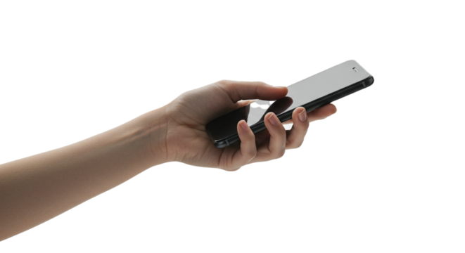 Hand holding smartphone mobile phone device technology communication black background close up isolated on transparent background
