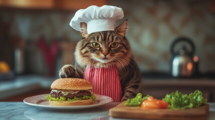 Fluffy cat chef prepares a gourmet burger in a cozy, softly lit kitchen setting with fresh ingredients