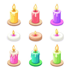 Decorative Candles, vector graphic, 2D flat isometric cartoon illustration on white background.
