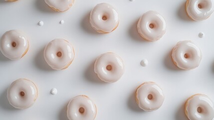 Assorted glazed donuts beautifully arranged in a clean, minimalistic style, showcasing a top-down view that highlights their tempting textures and subtle sheen