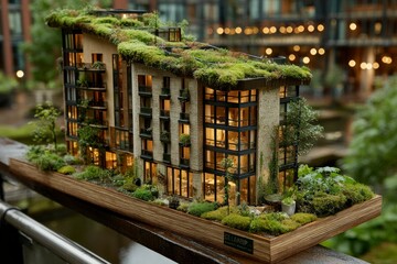Miniature Architectural Model with Green Roof and Illuminated Windows