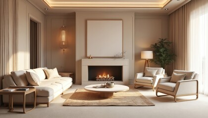 Elegant living room with fireplace. Cozy sofa, pillows, carpet, armchair, side tables. Modern interior design concept. Stylish home decoration, apartment decor.