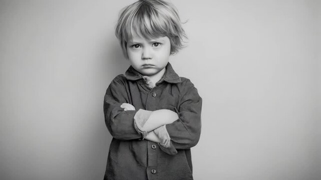 Grumpy little boy with crossed arms and a frown looking at the camera in black and white studio shot