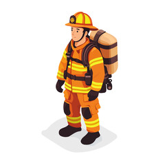 Firefighter, vector graphic, 2D flat isometric cartoon illustration on white background.
