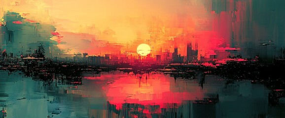 Obraz premium Abstract city sunset reflection on water painting with vibrant orange hues