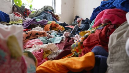 Fast Fashion Waste. Used clothing overload. Fabric recycling