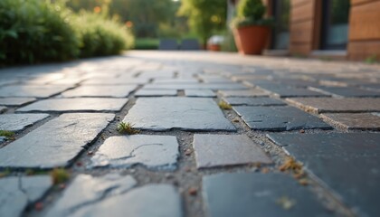 Fototapeta premium Close-up slate stone patio with earthy tones, modern design. Serene outdoor setting. Natural construction texture, home exterior. Residential area, ground, nature, landscaping, renovation, aesthetic,