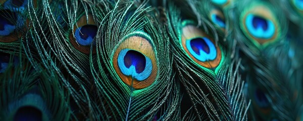 Fototapeta premium Close-up peacock feathers. Blue, green, turquoise, gold colors. Detailed texture background, natural pattern with eye design. Exotic bird plumage, beautiful decorative detail for designs, fashion,
