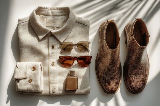 Arrangement of Folded Shirt, Two Pairs of Sunglasses, Cologne and Textured Boots on White