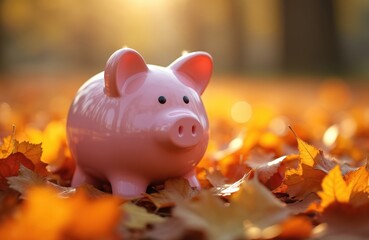 Pink piggy bank rests autumn leaves. Savings, financial planning. Fall season, harvest. Banking concept, money, saving. Budget, account, deposit, currency, investment. Wealth, finance, cash,