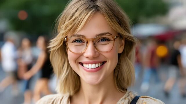 Happy 30 year old woman wearing glasses