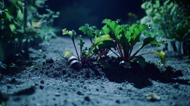 Beets Growing On Farm At Night, Garden Vegetable Harvest
