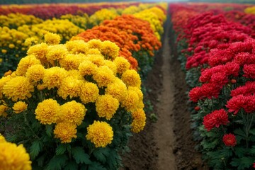 Rows of vibrant yellow, orange and red Chrysanthemum flowers blooming in a flower field