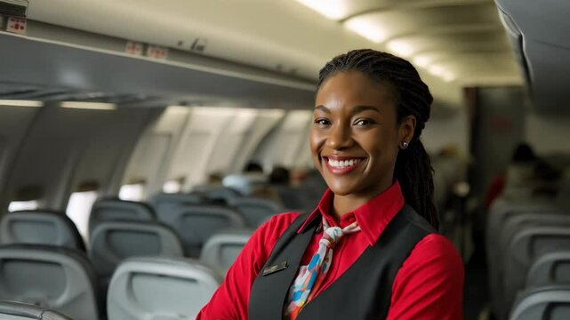 Smiling African-descent flight attendant with braided hair inside airplane cabin with rows of seats and passengers