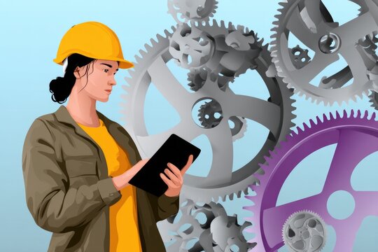 Girl technician: tablet reference, draft consultation, engineering space, workflow routine, detail inspection, planning session, task engagement, layout management, system coordination, process scene