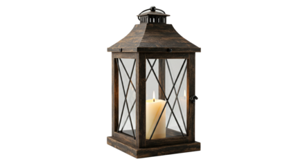 Rustic wooden lantern with candle light decorative farmhouse lantern home decor candle holder lantern lighting on transparent background