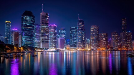 Cityscape at night with skyscrapers reflecting in the water creating a vibrant and colorful scene