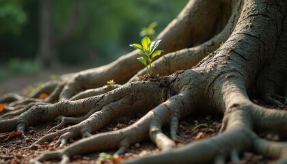 Close up of tree roots, green leaves. New life concept. Strong tree roots, big trunk. Natural wood texture. Close up of roots with green sprout, forest, background. Nature, growth, life.
