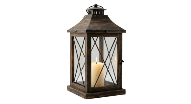 Rustic wooden lantern with candle light decorative farmhouse lantern home decor candle holder lantern lighting on transparent background