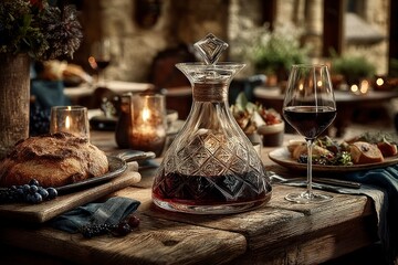 Elegant Wine Decanter and Glass on Rustic Wooden Table with Bread and Grapes Perfect for Dinne