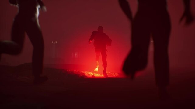 The guy is running away from a crowd of villains, zombie apocalypse, 3d graphics. A symbolic concept, the victim's steps are illuminated by radiance, danger and the inability to escape