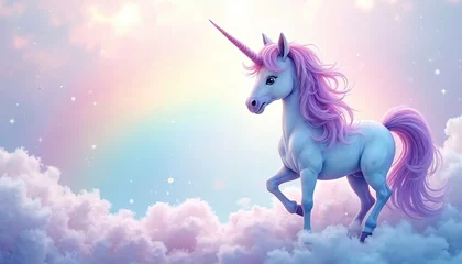 Magical unicorn stands among dreamy clouds with pastel rainbow background. Fairytale vibes, perfect for kids. Fantasy scene in soft colors like pink, blue, violet. Joyful, happy, whimsical.