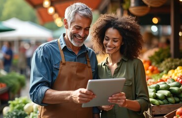 Grocer and customer use tablet in market to assist fresh produce shopping. Senior man, young woman discussing digital info, choosing vegetables. Tech, healthy food, retail service.