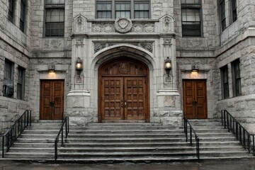Grand Entrance with Ornate Stone Facade and Wooden Doors