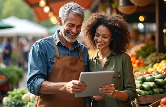 Grocer and customer use tablet in market to assist fresh produce shopping. Senior man, young woman discussing digital info, choosing vegetables. Tech, healthy food, retail service.