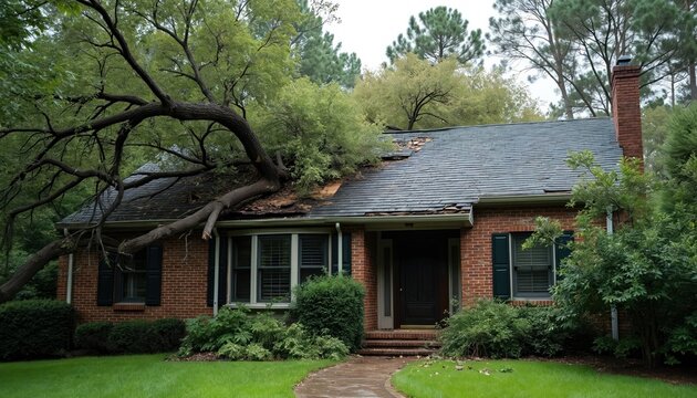 Storm damage to brick residential home with fallen tree on roof. Heavy storm wind disaster natural disaster scene. Destroyed house needs insurance repair, recovery. Home insurance. Aftermath of