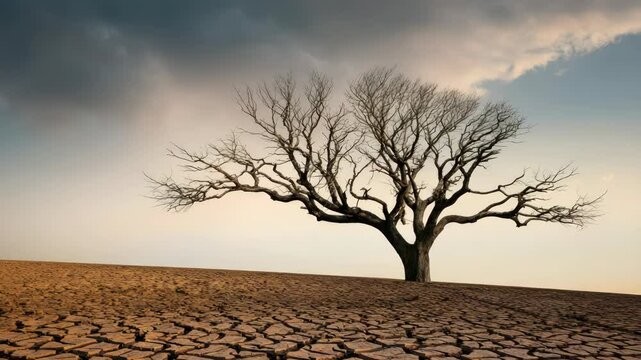 Lone tree on cracked ground under cloudy sky, symbolizing drought and climate change