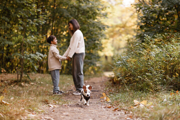 Fototapeta premium Side view of an Asian mother and her young son laughing while walking a small white dog on a forest trail. They wear casual autumn clothes. Great for family, parenting, and outdoor lifestyle themes.