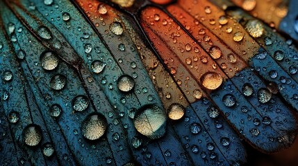 Fototapeta premium Vibrant Blue Orange Bird Feathers Detailed Macro Shot Water Drops Jewel Tones Nature Photography Background Texture Image Design Element Artistic Closeup web wet print vivid shiny 
