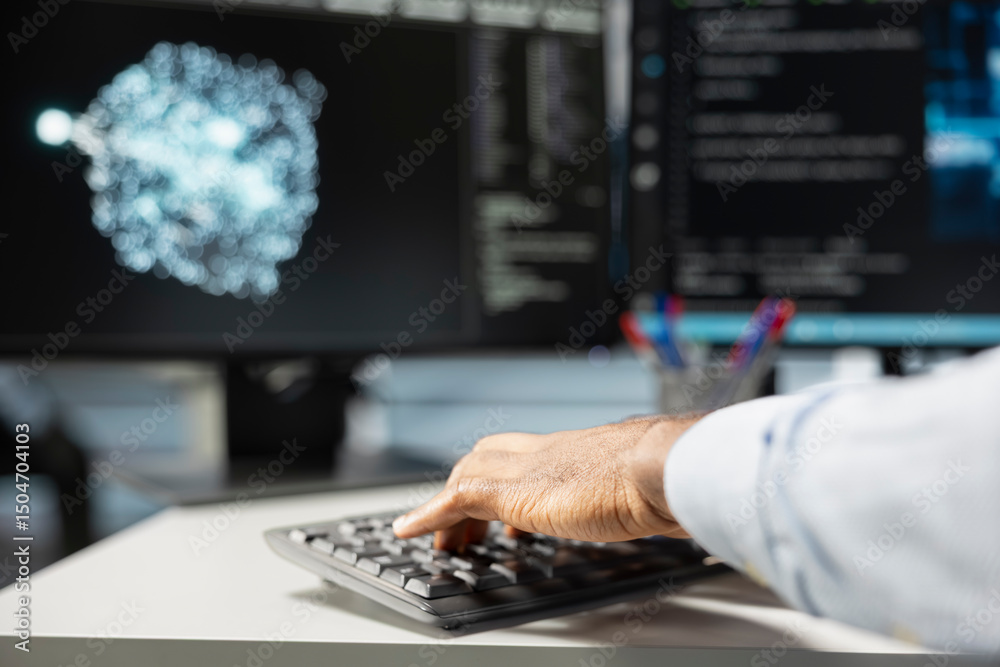Poster close up of data center engineer using artificial intelligence visualization tools on pc to identify