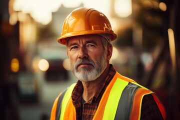 Fototapeta premium Construction worker wearing hardhat and safety vest on job site