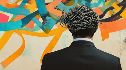 A man in a suit stands before a vibrant, abstract mural, showcasing a unique blend of colors and lines that evoke creativity and chaos in urban art.