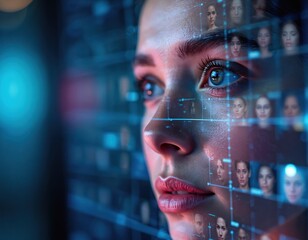 Close-up of woman face with facial recognition grid. Digital interface, diverse faces. High-tech, realistic portrait, system for biometric identification, access control, security. Innovative concept