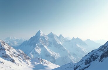 Majestic snow-covered mountains, winter landscape, panoramic view. White peaks against clear blue sky. Cold, frosty, snowy scenery. Nature outdoors travel concept.