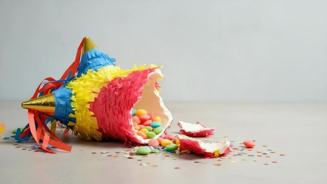 Broken colorful pinata spilling candies and confetti on floor