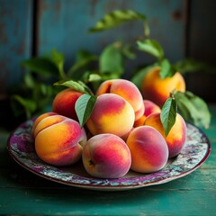 Delicious Fresh Peaches Arranged on Ornate Plate Still Life