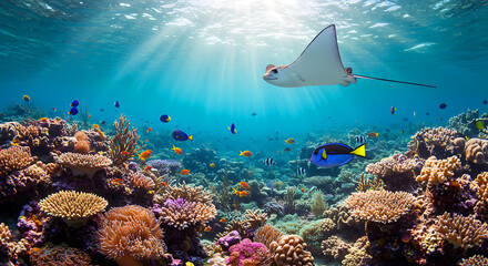 Stunning underwater scene of coral reef and stingray