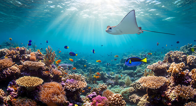 Stunning underwater scene of coral reef and stingray - Powered by Adobe