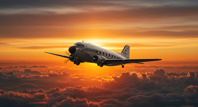 Douglas dc 3 airplane flying above sunset clouds