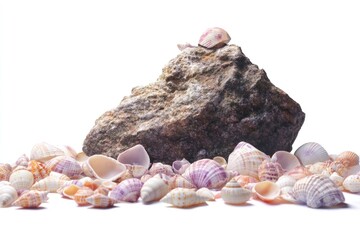 A stone stands tall amid a collection of beautiful seashells, showcasing nature's artistry and coastal treasures against a pure white backdrop.