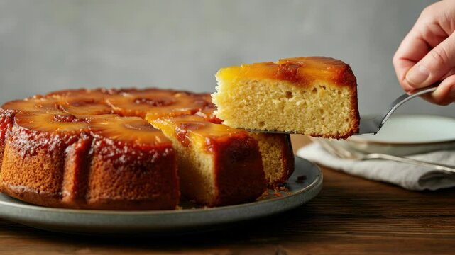Close-up of pineapple upside-down cake with slice being served